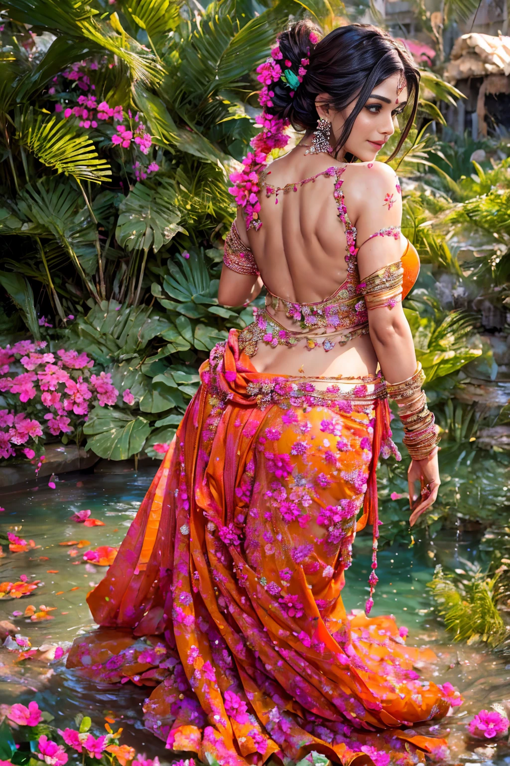 portrait,(NSFW 0.75) boy,woman, ((princess pose)) ,very very big breast, soft nylon sexy saree , orange , pink ,teal,red, yellow colour ,flower design modern light wedding saree,  colorful, flower armor,  good anatomy,  best quality,  (((masterpiece))),  high quality,  realist,  best detailed,  details,  realist skin,  skin detailed,  underboobs,  beautiful  posing under a fairy tale of exotic magic,lehenga choli, girl immersed in water , soaked saree, meadows background , bokeh effect , chubby , nipple slip , put milk in breast,off shoulder, strapless blouse, different saree wearing style,(multi chain jewellery blouse),(wearing jewellery on blouse)(buttocks and looking back) red blouse 