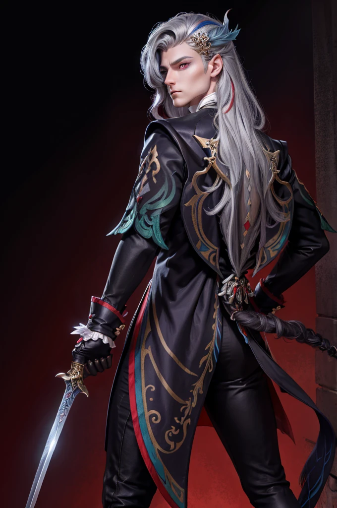 masterpiece, best quality, Neuvillette, 1 man ,long hair,grey hair,multicolored hair,feather hair ornament, purple eyes, red glare eyes, jewelry,ascot,long sleeves, shirt,gloves, black pants,Red background, looking down, serious, back pose, looking backwards, sword in hand