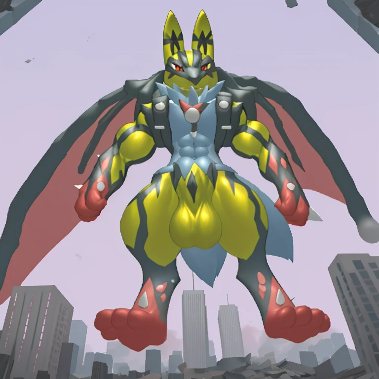 (Solo. masterpiece. official art. 8k. best quality. detailed full body. full body.)
(situation 1 : dominating Shiny_Mega_Lucario. Shiny_Mega_Lucario is over 1000 meters long. focus GIANT mechanical Muscular Shiny_Mega_Lucario is trampling the city. Looking down. macro. stomp. Low-angle perspective. emphasizing the immense size. He is much bigger than a skyscraper. Giga Giants. looking down. foot focus, (soles:1.2))
(situation 2 :smoke and flames rising from the destruction in the city)
(Additional details 2: (Detailed head. Detailed Body. Detailed abs. gigantic muscles. HYPER MUSCLES. Gigachad Muscular. big muscle. pecs. triceps. traps. unusually developed muscular body. body full of huge muscles. showing off muscles. pectorales enormes. Exaggeratedly huge muscles. huge muscles. long legs. abs.).
(Additional details 3: Spread wings. It has wings. have big wings. The claws are sharp. Sharp teeth.).
(Additional details 4: golden hyper penis. hyper golden penis. big penis)