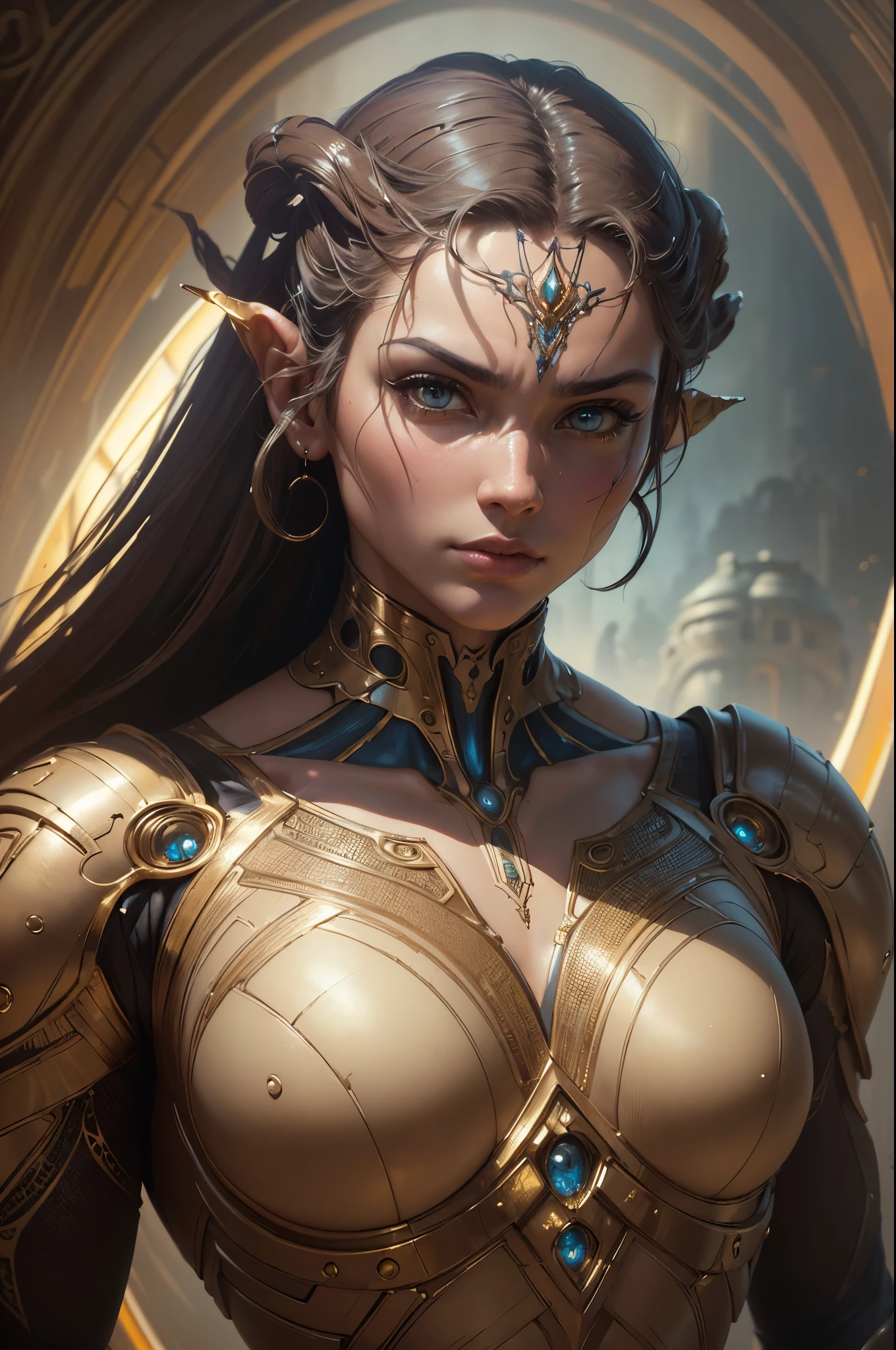 ((Best Quality, masterpiece:1,1), Fantastic view of humanoid alien , Hyper-realistic, insanely detailed This masterpiece of digital art can be compared with the wonderful works of Artgerm., Greg Rutkowski, and Alphonse Mucha