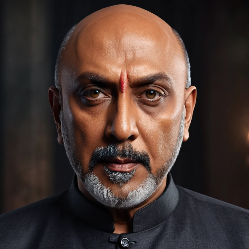 Create a portrait of actor sathyaraj as super villain, detailed cg, realistic portrait.