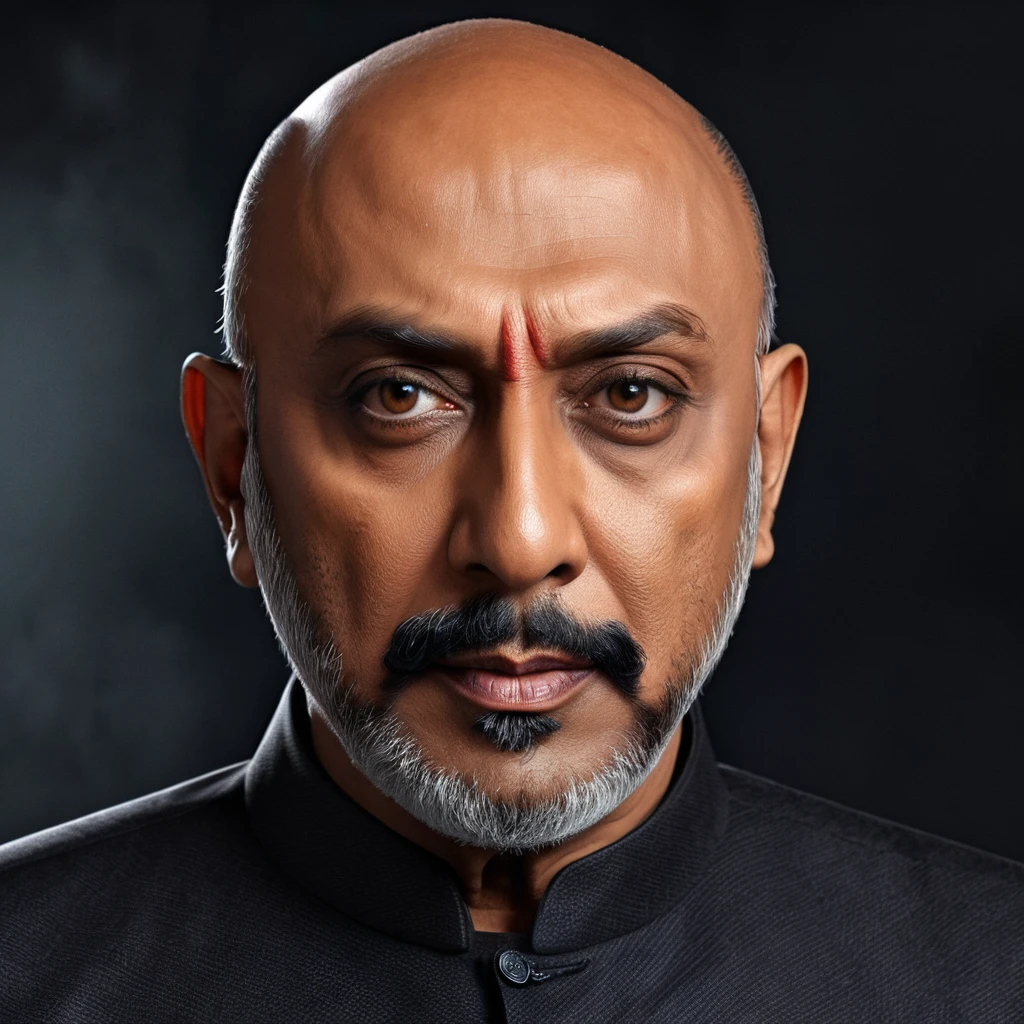 Create a portrait of actor sathyaraj as super villain, detailed cg, realistic portrait.