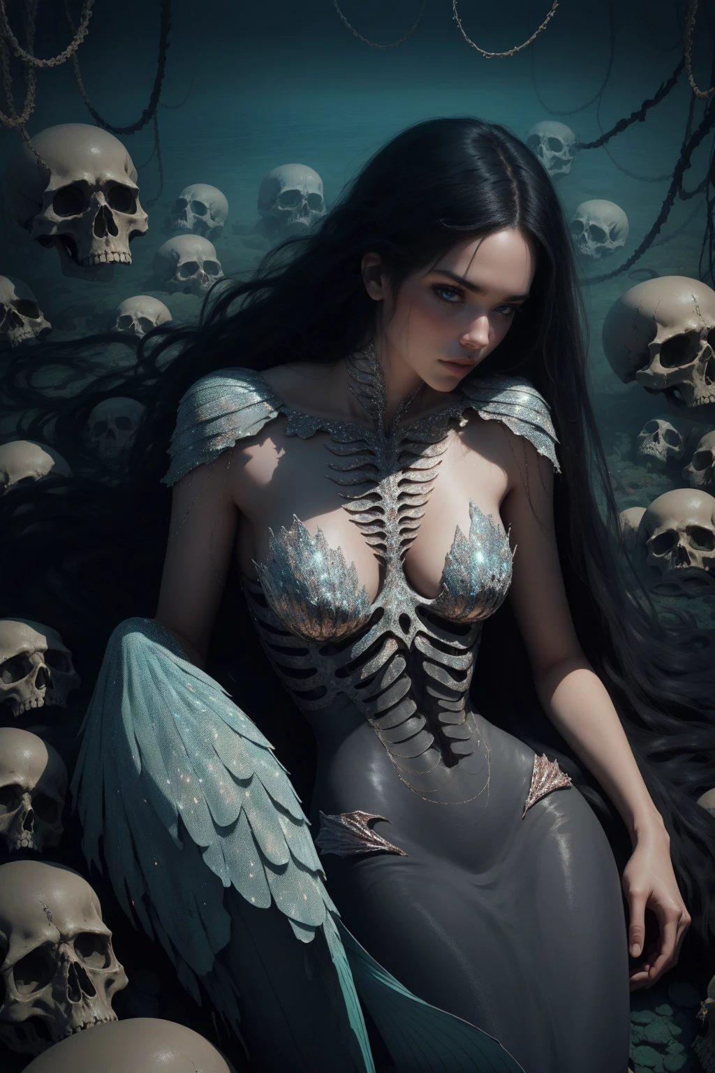 {-erro_de_anatomia:1.0}  woman 30 years old, underwater, skeleton, corpse,Under the sea, where coral tendrils and vines abound, a woman (mermaid), long black hair (black hair) looks at you amidst a pile of bones and skulls. Indifferent look , merciless. Lying among the skulls.  Angry face.