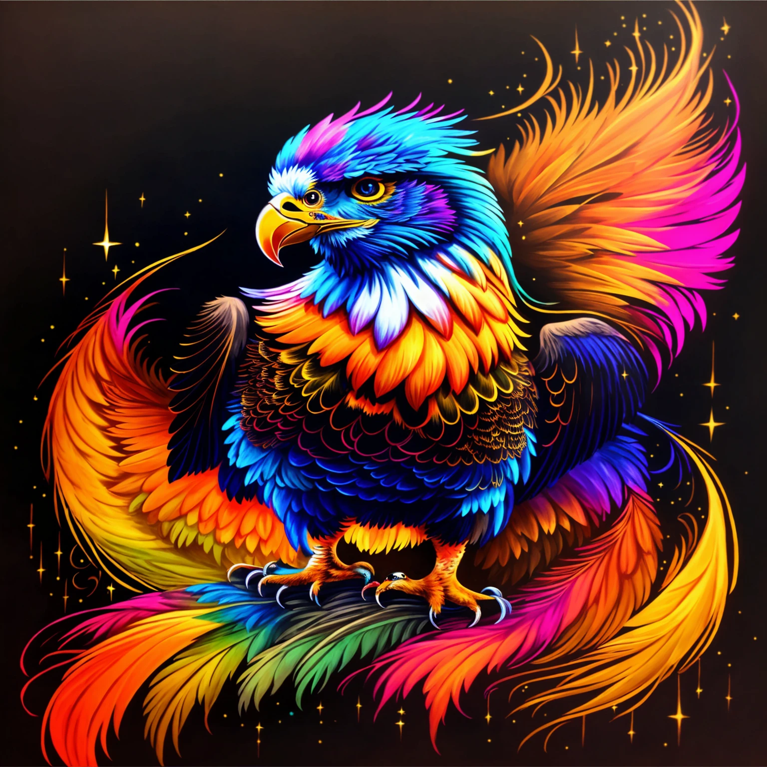 colorful bird with a star in the background, art of a phoenix, colorful plumage, glowing feathers, full of colors and rich detail, mythical creature, Fire Bird, highly intricate and colorful, ''phoenix wallpaper, colorful digital fantasy art, extremely colorful, Vibrant, high-contrast coloring, strong and vibrant colors, glowing feathers do arco-íris, high detailed colors