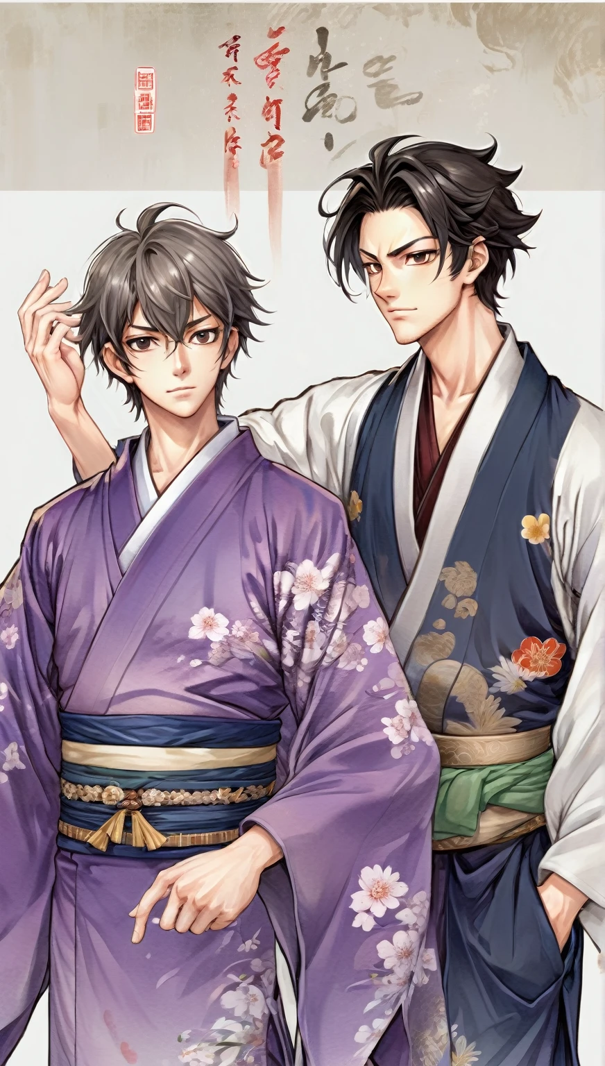 ((Highest quality)), ((masterpiece)), (Detailed face and eyes:1.2), Perfect Face, Anime characters wearing kimonos and kimono costumes standing side by side, Two handsome anime guys, ((wearing a noble robe)), Wearing Imperial Kimono, nixeu and sakimichan, inspired by Okumura Masanobu, Sakimi-chan&frank franzzeta, Ben Meyer and Sakimi, Yoseharu Agotoge