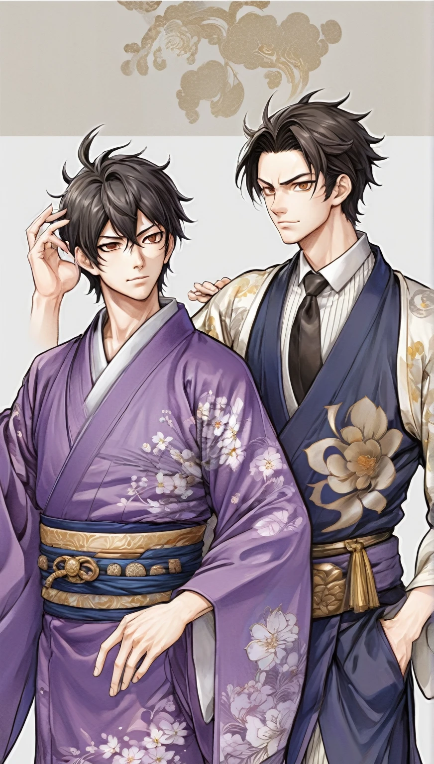 ((Highest quality)), ((masterpiece)), (Detailed face and eyes:1.2), Perfect Face, Anime characters wearing kimonos and kimono costumes standing side by side, Two handsome anime guys, ((wearing a noble robe)), Wearing Imperial Kimono, nixeu and sakimichan, inspired by Okumura Masanobu, Sakimi-chan＆frank franzzeta, Ben Meyer and Sakimi, Yoseharu Agotoge