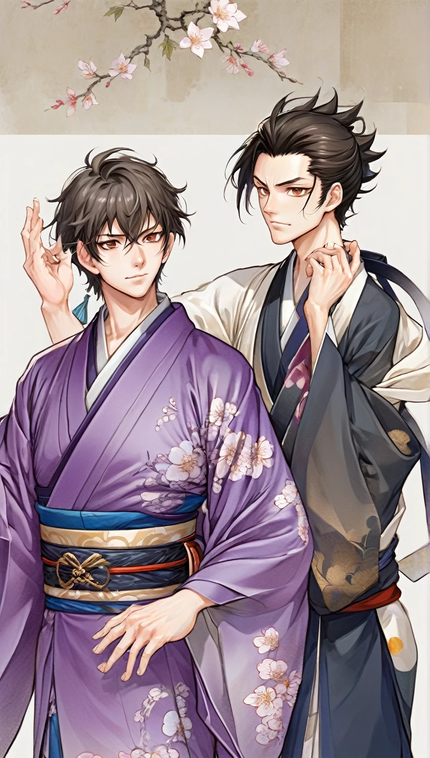 ((Highest quality)), ((masterpiece)), (Detailed face and eyes:1.2), Perfect Face, Anime characters wearing kimonos and kimono costumes standing side by side, Two handsome anime guys, ((wearing a noble robe)), Wearing Imperial Kimono, nixeu and sakimichan, inspired by Okumura Masanobu, Sakimi-chan＆frank franzzeta, Ben Meyer and Sakimi, Yoseharu Agotoge