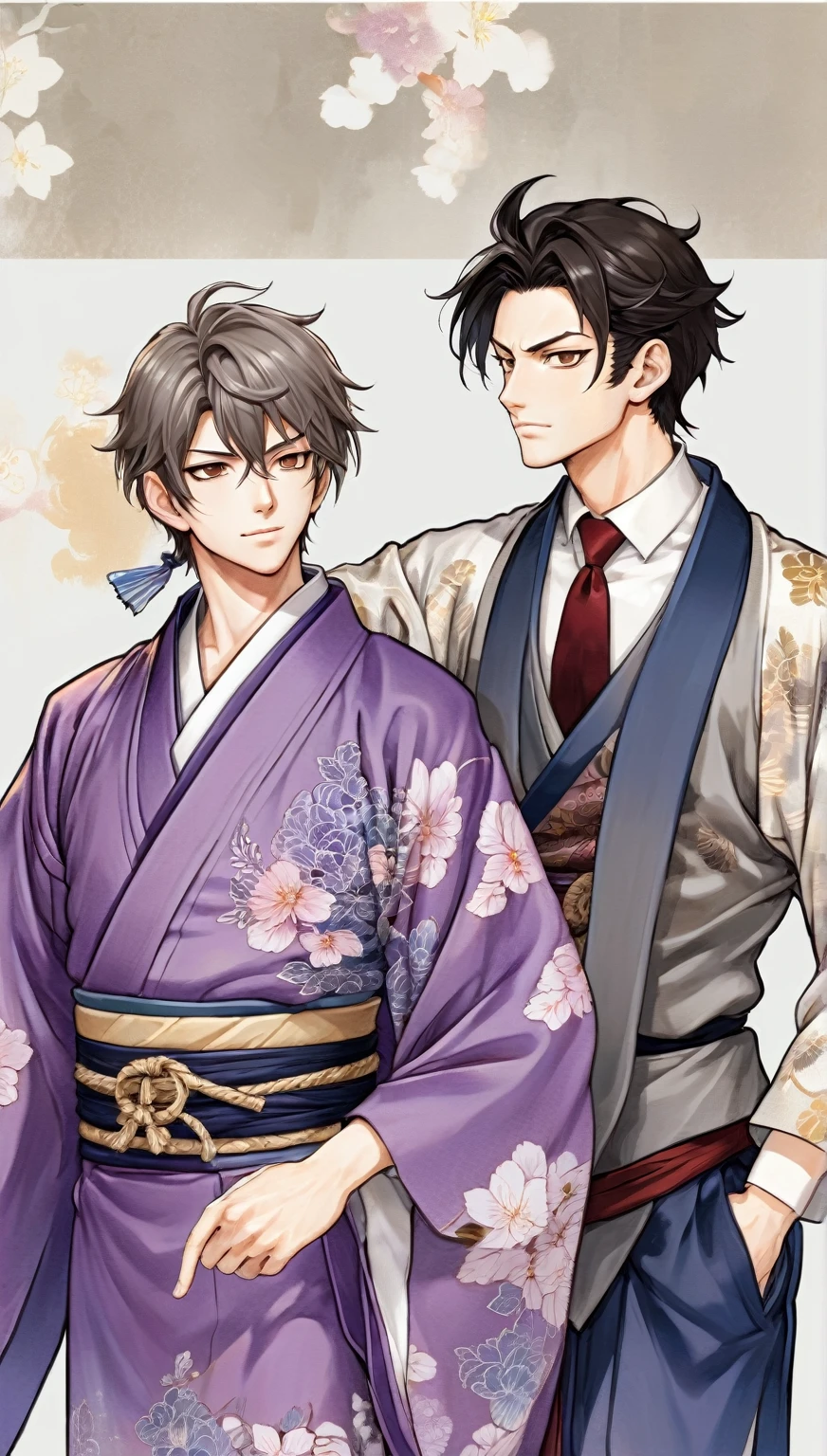 ((Highest quality)), ((masterpiece)), (Detailed face and eyes:1.2), Perfect Face, Anime characters wearing kimonos and kimono costumes standing side by side, Two handsome anime guys, ((wearing a noble robe)), Wearing Imperial Kimono, nixeu and sakimichan, inspired by Okumura Masanobu, Sakimi-chan＆frank franzzeta, Ben Meyer and Sakimi, Yoseharu Agotoge