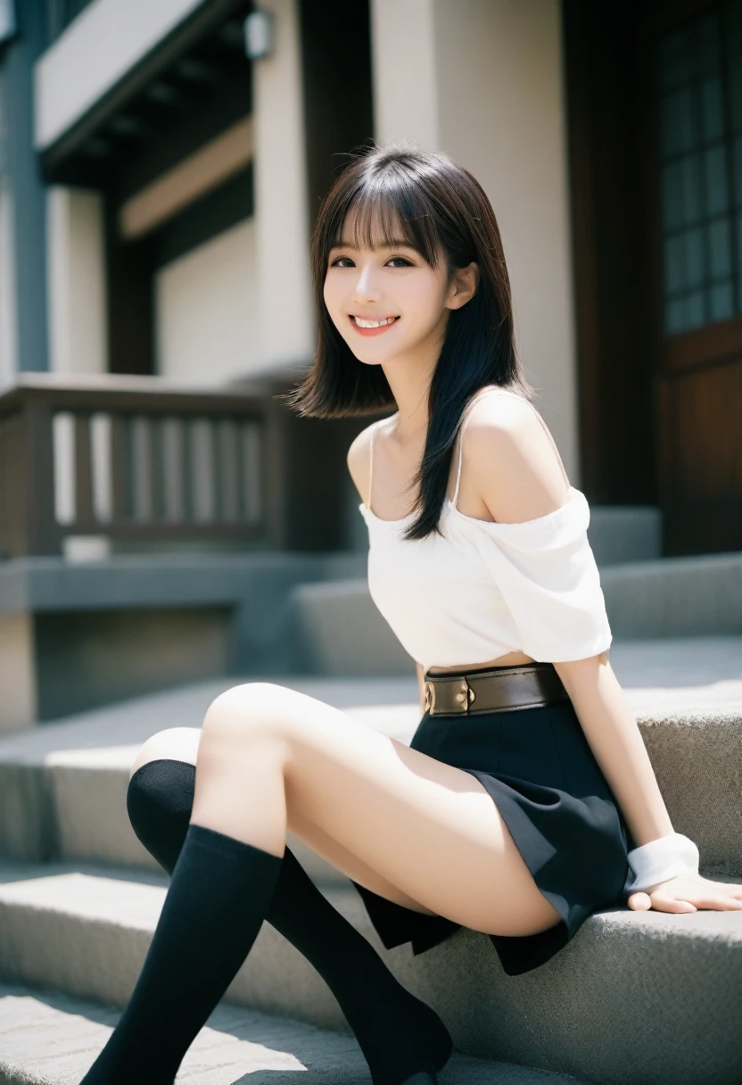 8K, Ultra-high resolution, Highest quality, masterpiece, 三分割法によるphotograph,Surreal, photograph, 1 Girl, (16 years old:1.3), pretty girl, Cute face, Beautiful eyes in every detail, 細かくdetailedに,masterpiece,, One Girl:1.2, Japan Female Announcer,full body,from below,((very small head:1.3)),Center-parted bangs,amount,Black Hair,Long Hair,Iris,Gorgeous eyes,smile,((Toned body,Slender body,skinny)),{{{Skirt flip:1.5}}},((Showing off her micro pants)),((Holy Knight)), ((Bronze armor)),Knee socks,Medieval streetscape,Cobblestones,Old Stairs,Beautiful leg line beauty, Sensual,屈託のないsmile,Heal the heart,Black Hair,Short Bob,Looking at the audience、beauty,Long neck、Laugh a little、Please close your mouth and laugh、(((Ideal body type))),A-cup small breasts :2,、Portraiture:2、Perfect Anatomy、鮮明なdetailed、detailed、Surreal、Light and shadow,Strong light