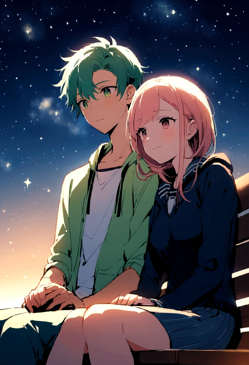 ２０Teenage couple, Two people gazing at the stars、sitting side by side on a park bench、Under the stars，A wonderful sight