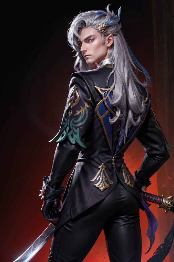 masterpiece, best quality, Neuvillette, 1 man ,long hair,grey hair,multicolored hair,feather hair ornament, purple eyes, red glare eyes, jewelry,ascot,long sleeves, shirt,gloves, black pants,Red background, looking down, serious, back pose, looking backwards, sword in hand