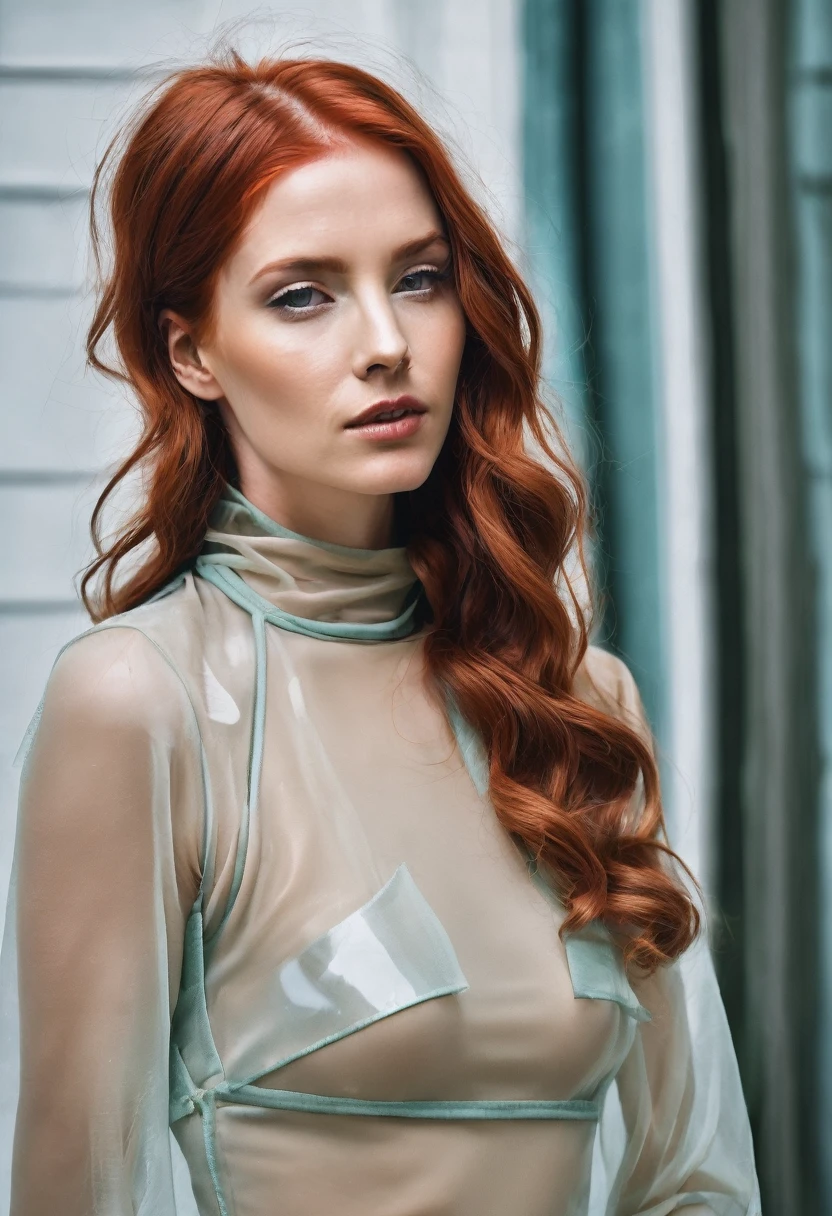 Red-haired woman in transparent clothes