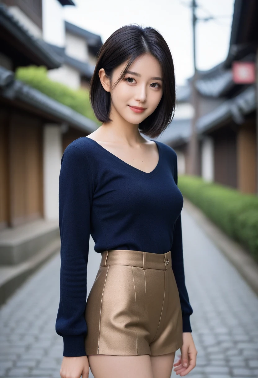 8K, Ultra-high resolution, Highest quality, masterpiece, 三分割法によるphotograph,Surreal, photograph, 1 Girl, (16 years old:1.3), pretty girl, Cute face, Beautiful eyes in every detail, 細かくdetailedに,masterpiece,, One Girl:1.2, Japan Female Announcer,full body,from below,((very small head:1.3)),Center-parted bangs,amount,Black Hair,Long Hair,Iris,Gorgeous eyes,smile,((Toned body,Slender body,skinny)),{{{Skirt flip:1.5}}},((Showing off her micro pants)),((Holy Knight)), ((Bronze armor)),Knee socks,Medieval streetscape,Cobblestones,Old Stairs,Beautiful leg line beauty, Sensual,屈託のないsmile,Heal the heart,Black Hair,Short Bob,Looking at the audience、beauty,Long neck、Laugh a little、Please close your mouth and laugh、(((Ideal body type))),A-cup small breasts :2,、Portraiture:2、Perfect Anatomy、鮮明なdetailed、detailed、Surreal、Light and shadow,Strong light