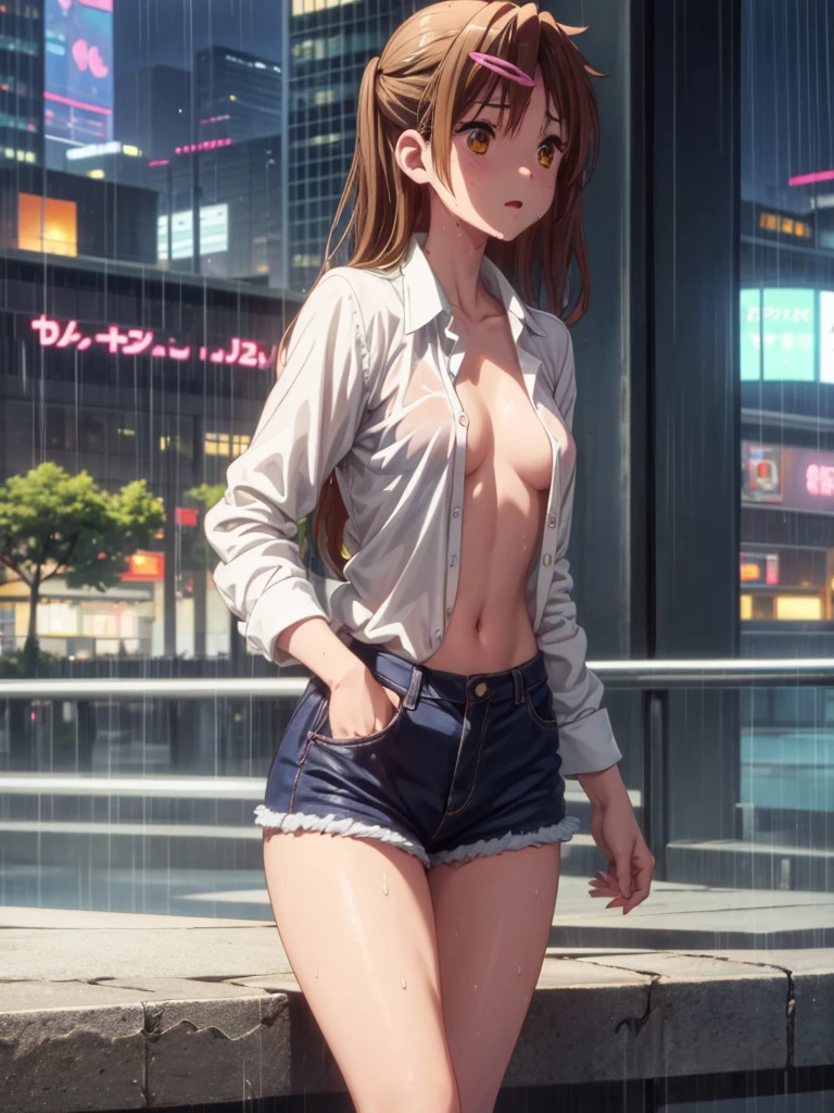 Girl, Shirt unbuttoned, You can see her , Skyscraper Window background, openlegs, night, Bare chest, small breast,body, Sneakers , wet body, Wet hair, rain, tokyo , orgasm