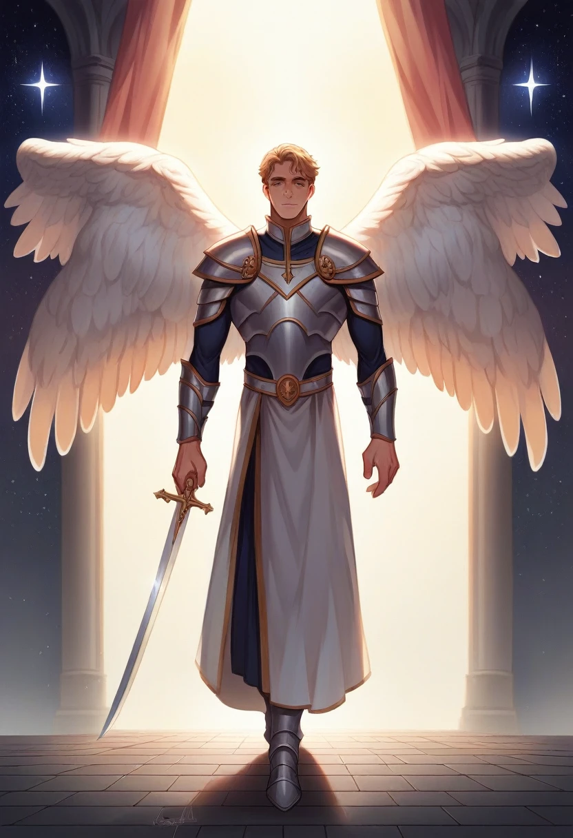 male character, Archangel Michael, walking down the street, walking across between buildings, many blooding victims laying on the street, Astronomical Imagery, intricate detailes, realist, Rosa and the Big Wings, Angelic background, Catholic illustration image of Archangel Michael, Male characters in the Bible, Michael wears silver angel armor, taking sword,cosmic background, Archangel and background lighting, Full length of angel, Maximum detail and his angelic face and wings, Realistic perfect skin, The highest image quality, Miguel He is highlighted in the image with strong and flashy colors.