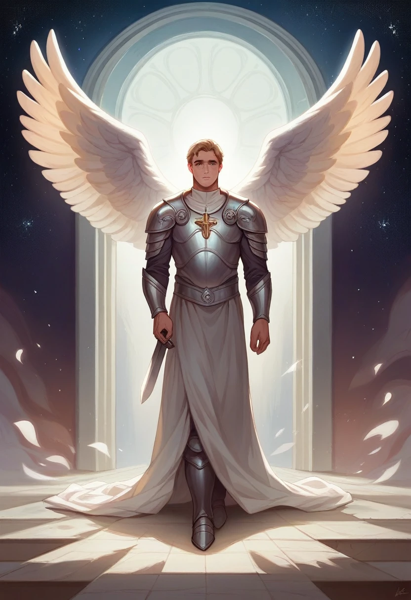 male character, Archangel Michael, walking down the street, walking across between buildings, many blooding victims laying on the street, Astronomical Imagery, intricate detailes, realist, Rosa and the Big Wings, Angelic background, Catholic illustration image of Archangel Michael, Male characters in the Bible, Michael wears silver angel armor, taking sword,cosmic background, Archangel and background lighting, Full length of angel, Maximum detail and his angelic face and wings, Realistic perfect skin, The highest image quality, Miguel He is highlighted in the image with strong and flashy colors.