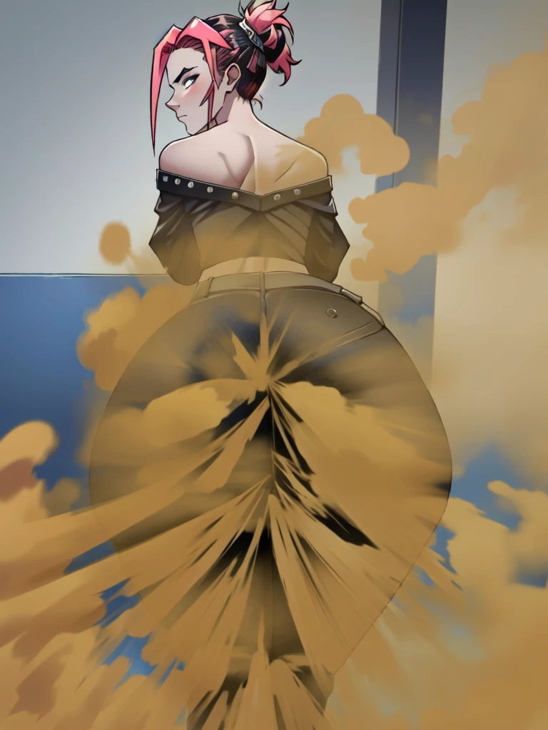 masterpiece:1.2, best quality:1.2, highres, punk, showing butt, facing away from camera, one girl, solo, alone, looking at viewer over shoulder