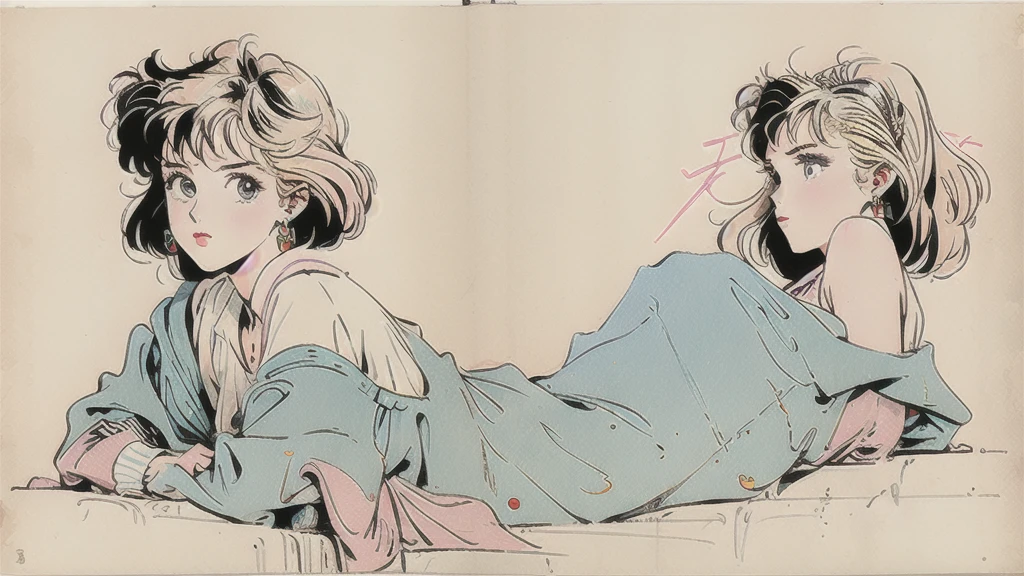 80s anime, 80s Vintage Animation, Desaturate, Increase contrast, The outline is rough, like a pencil drawing., Set the lines a little thicker, The person stands in the foreground of the image, Looking back at me, Slanted Eyes, Low nose, Blonde, ribbon, Alice in Wonderland-inspired girl, Lolita Fashion, Bob Hair, Thick-soled shoes, pale colour, Magical World, 