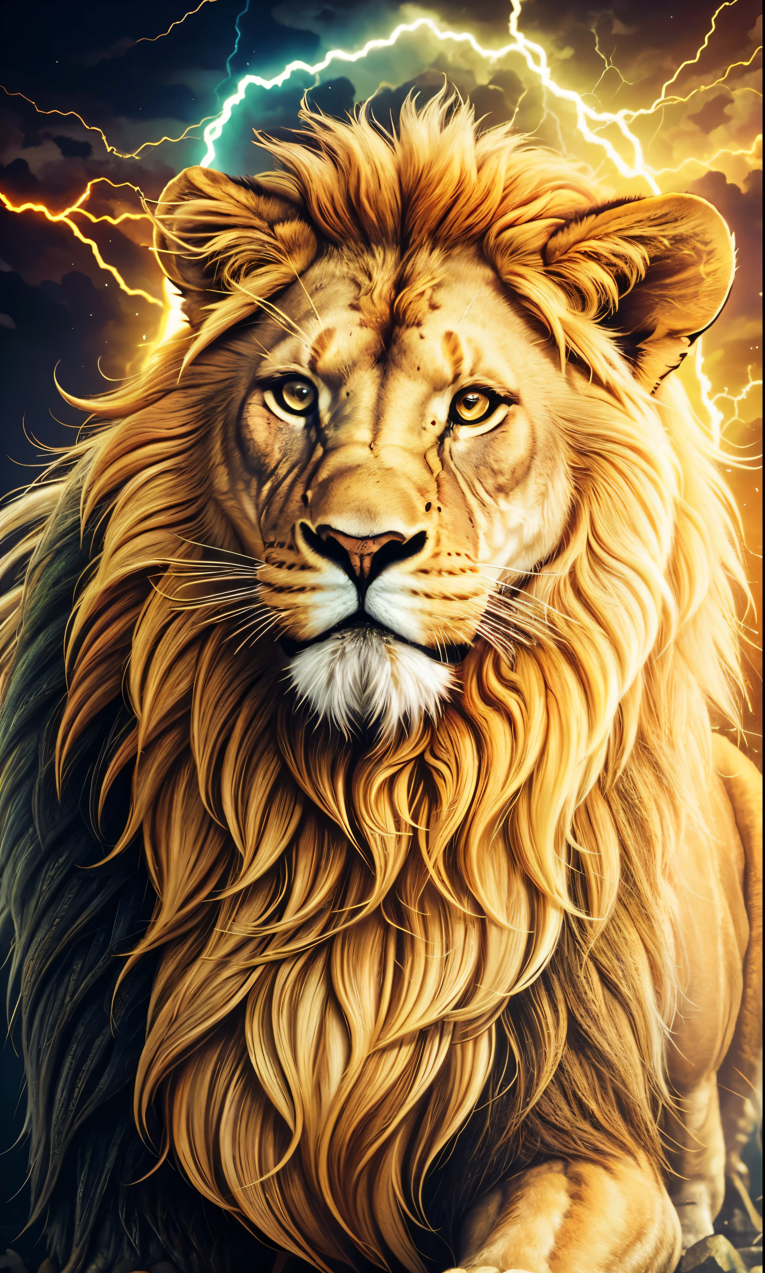 Lion, Divine Lion, naturals, thunder, Realistic Lion, rey, realistic detailed, Sunset light, sky, Sol noturno, realistic detailed 16K, Eletricidade Detalhada 8K, darkness background, Texturas realistas de 8K, Cores photorrealistic 8K, fire azul, realistic detailed Fire Bolt, sky Light Detailed, Power of thunder, Divine realistic, gold color, Divine gold, golden light, naturey, linda, Rendering, photorrealistic, UltraHigh definition, 4K, detailed textures, thunder, detailed shadows, detailed colors, neon blue, blue light, lightnings, blue power, naturey linda, Great Divine, peaceful face, naturalss, lightning, Electric Power Screw, detailed contrast, realistic contrast, high resolution, detailed colors, fire, villany, divine creature, 8K FullHD, realistic detailed, 16K, 8K, High definition, detailed contrast, realistic contrast, high resolution, detailed colors, fire, villany, divine creature, 8K Realistic Lion Face, realistic detailed, posh, elegance