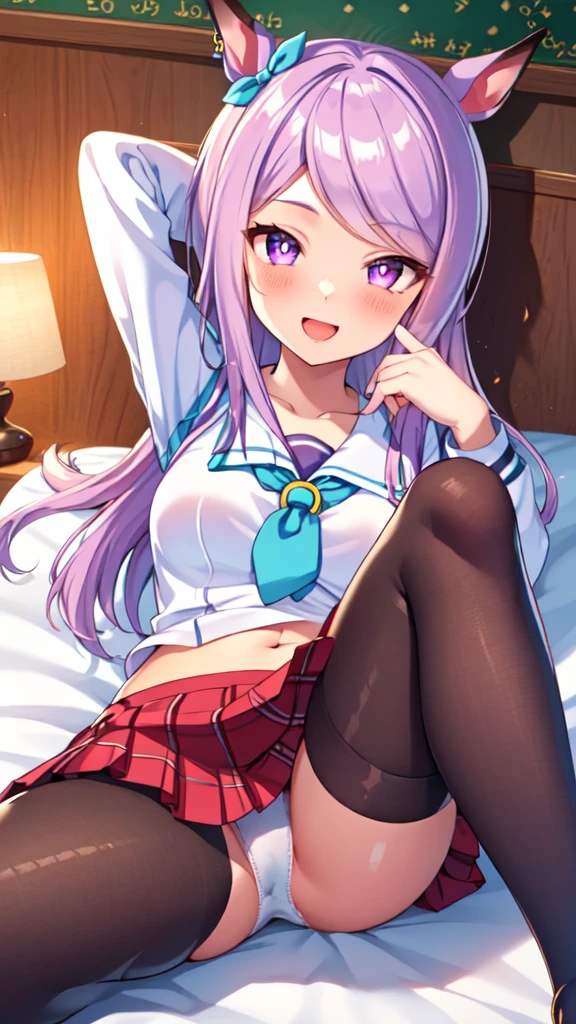 {{{NSFW}}},(masterpiece:1.2),(ultra quality:1.2),(ultra detailed:1.2),(ultra-high resolution:1.2),(very fine 8K CG wallpaper:1.2),Mejiro McQueen \(umamusume\),{1 girl,beautiful girl,cute,smile,kawaii, lovely,blushing,playful expression},sharp focus,oily skin,beautiful detailed hair,glossy hair,(wear school uniform:1.5),(lying on the bed:1.2),wear long school skirt,perfect two legs,(spread two legs:1.2),(show-off-white-panties:1.3),five fingers,large breaths,wear black pantyhose,beautiful detailed eyes,jewel like eyes,violet eyes, (two hands behind head:1.1),open mouth,armpits, solo,beautiful navel,  looking at viewer,collarbone,earring