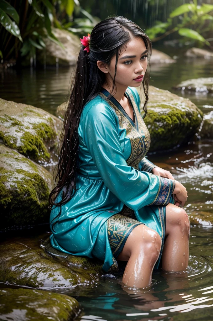 Malay woman wearing batik clothes, sitting in the river stone, long sleeves, close-up fantasy with water magic, beautiful girl, big breast, long brown hair, wet hair, wearing a dress made of water, lifting up her dress, splashing water, realistic oil painting, soaking wet, in the water high knee length covered, beautiful realistic painting, nymph in the water, hyperrealistic portrait in the river, hyperrealistic fantasy art, splashes, realistic fantasy painting, cute shot, narrow depth of field, 8k, nsfw, soaking wet, ((soaked)), dripping water, dripping water, heavy clothes, soaked in water, soaked, lipstick rouge, soaked,