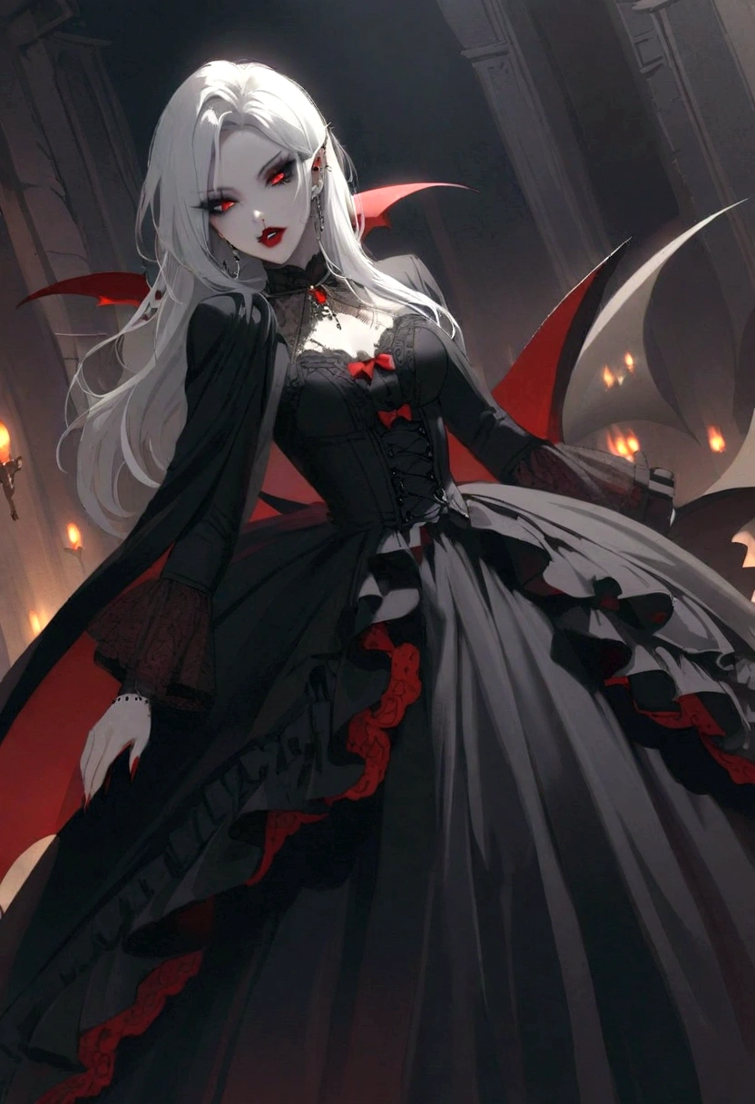 Beautiful vampire woman , long white hair , Eyes red , black gown , black victorian dress , piercing look and red lipstick, vampire fangs, whole body