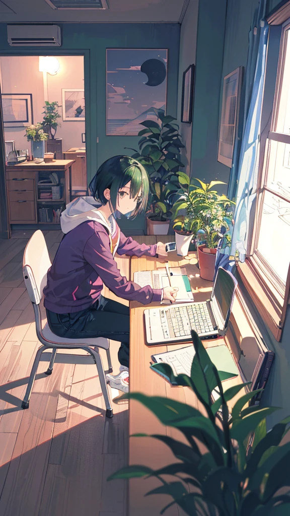 (masutepiece:1.5, Best Quality:1.5), ((Vaporwave Style, partially coloring)),In a cozy apartment, Girl studying diligently at desk alone,dim room,Stylish warm lighting, laptop, Coffee on the desk, desk lights on thedesk, I can see the moon from the window,Room decorated with plants