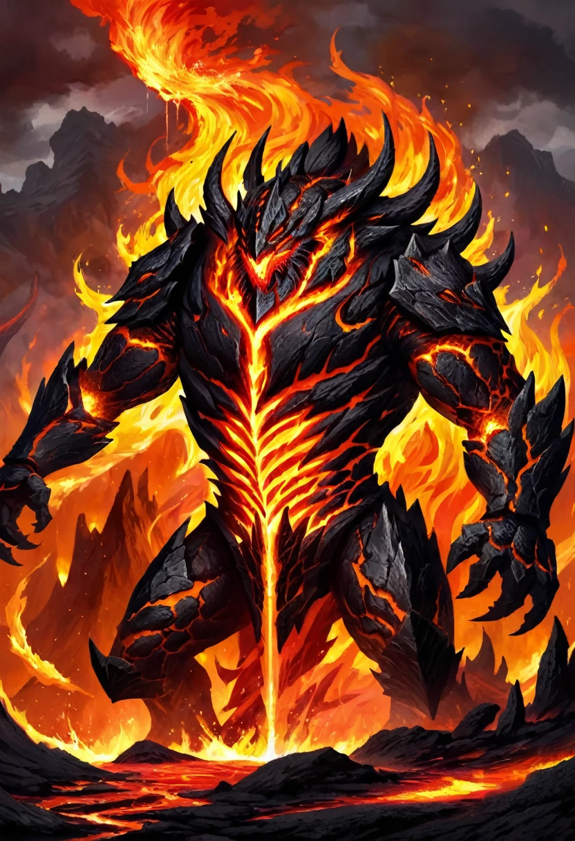 Molten Iron monster, lava, swords, fire, vulcano