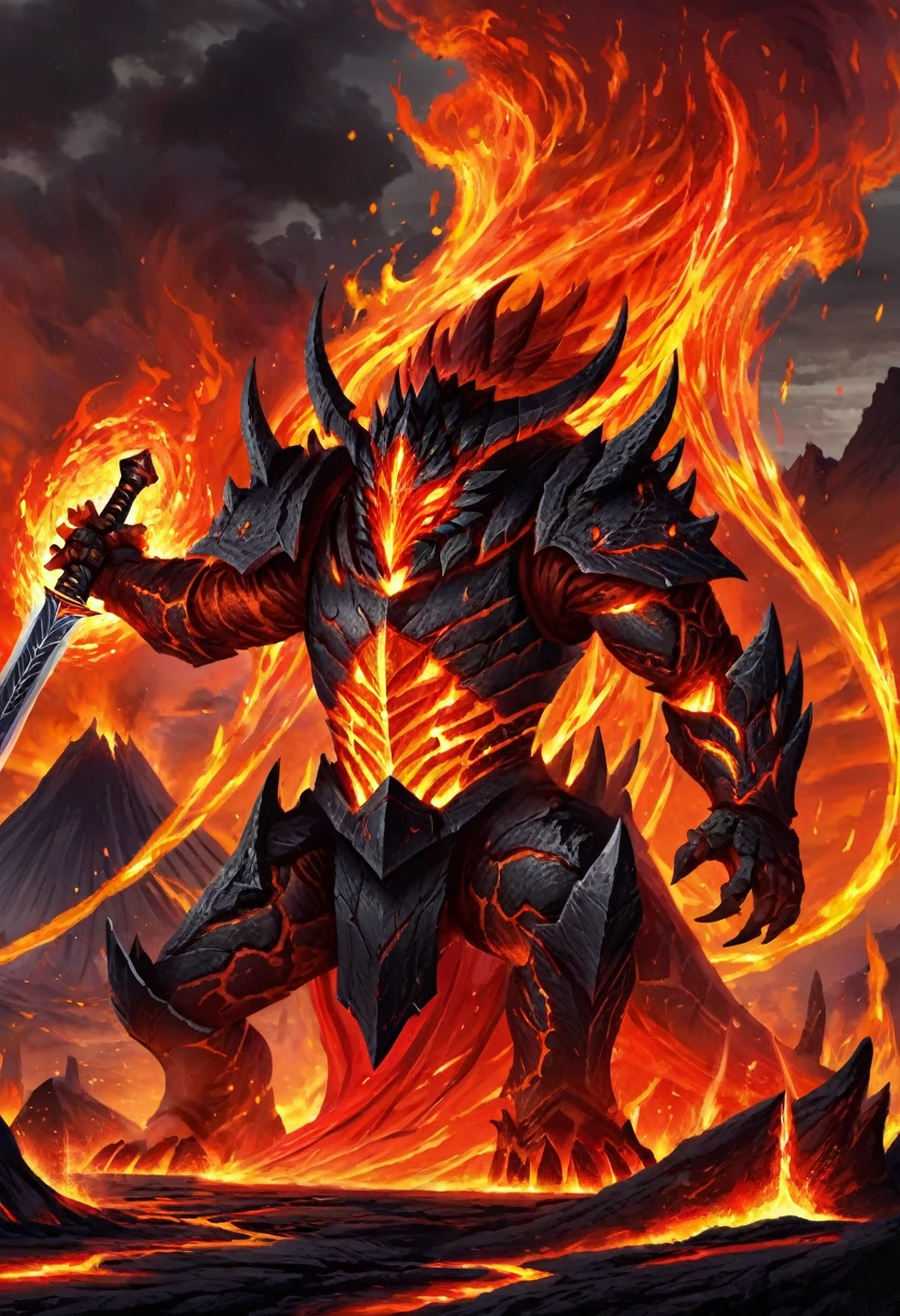 Molten Iron monster, lava, swords, fire, vulcano
