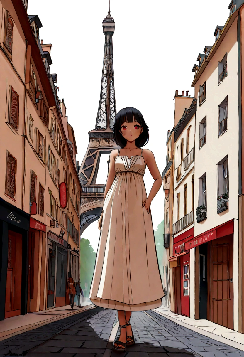 Une femme debout dans la rue en France, tour Eiffel, Multiculturalisme, sigma 85mm f/1.4 dg hsm art, école d'espagnol, honnêteté nue,yeux bleus, cheveux noirs