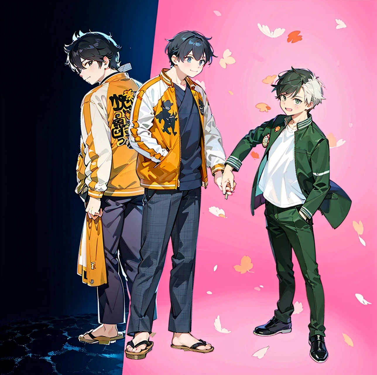 anime characters standing next to each other holding hands on a pink background, smiling, official art, anime key visual", bishounen, official anime still, official fanart, inspired by Okumura Masanobu, anime key visual concept, koyoharu gotouge, official anime art, official studio anime still, official modern anime, anime key visuals, cel shaded anime, Sakura tree petals flying