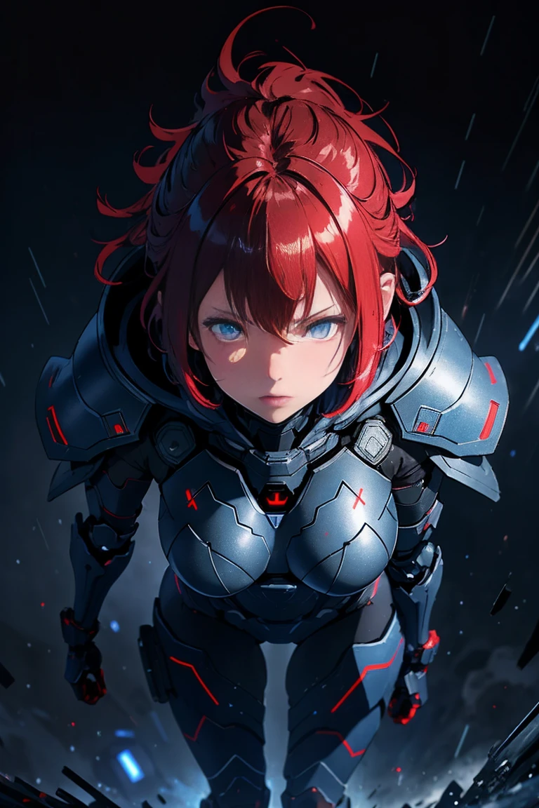 Advance heavy armored girl, grey hood and cape, background dark space battlefield, heavy rain, red short hair, blue glowing beautiful eyes, (full body shot), blue glowing lined simple armor plate, dark environment, high detailed face, Advance mask, intense war, 2d hair, eyes , 3d realistic background