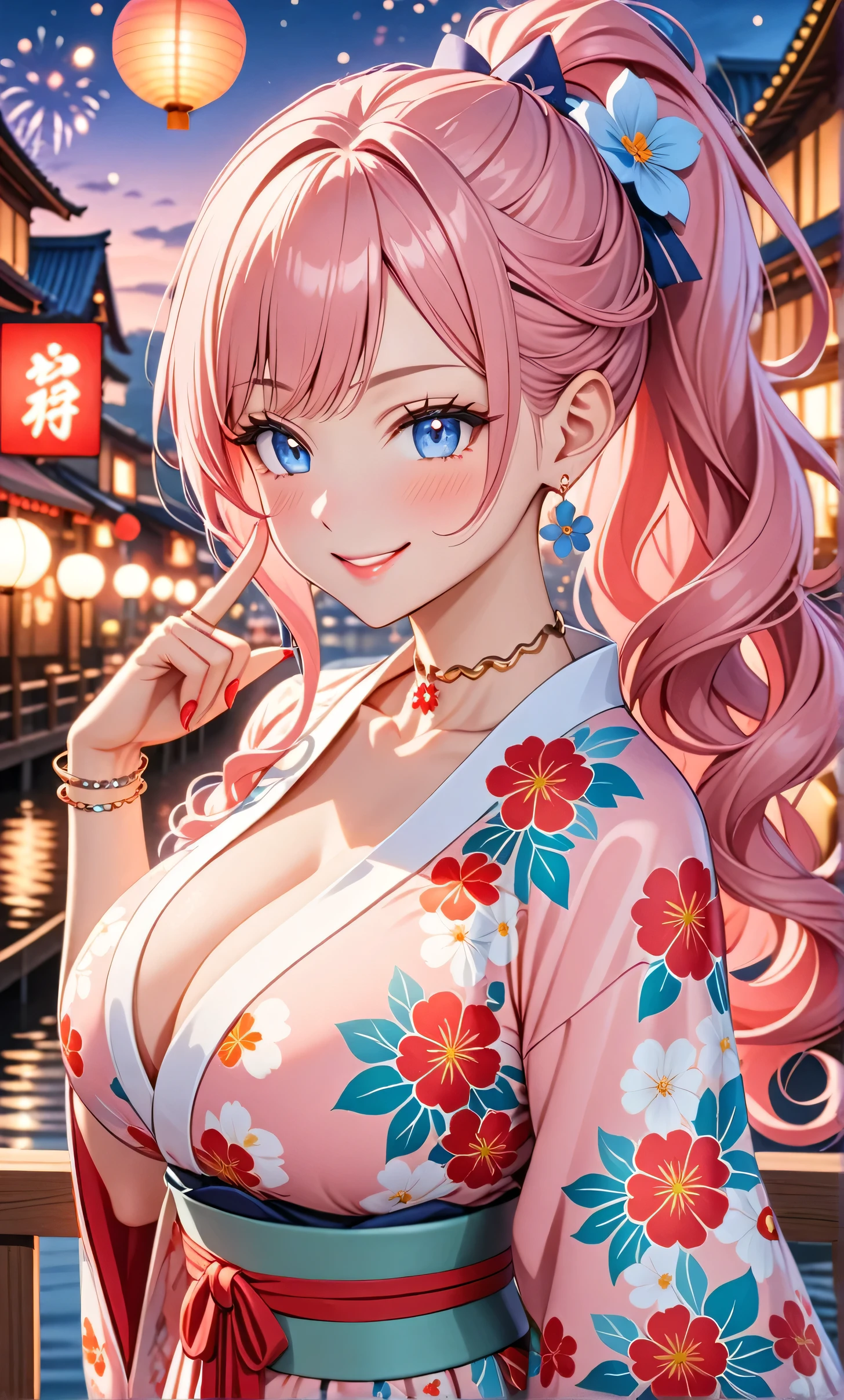 ultra-detailed, ((one girl)), in pastel colors girl, hyper detailed, absurdres, 8K, Beautiful Face, (Laugh shyly), ((teasing smile:1.8)), ((Wink:1.8)), (Laugh with your mouth wide open),(Tilt your head:1.3), ((put index finger on mouth:1.6)), View your viewers, ((Bright red cheeks:1.6)),Glossy Red Lips, ((Big Breasts:1.5)), (valley),night, Riverside,On Bridge, firework, (Brighten your face), ((Anime style background)),masterpiece, Highest quality, so beautiful,Latest, Complex details, (Pink long nails), (nail art), (ring),(bracelet), (Floral Choker),AI-generated, Complex,High resolution, Highest quality, super high quality,3D Images、3D Images,One person,Pastel pink long hair,(High Ponytail), (wavy hair:1.3), Pastel anime woman posing for a photo, ((Fine grain、blue eyes、glowing eyes:1.4)), (Squint your eyes:1.1),a hyperRealistic , hyperRealistic , Realistic,Anime woman with long pastel pink hair, Smooth anime CG art, A girl in a gorgeous pastel-colored kimono, ((Pastel-colored furisode)),(Pink large floral pattern) ,Long flower hair ornament,Floral Earrings,Mature Body, tall,Abdominal muscles,Tight waist,((arched back:1.9)), (front view),