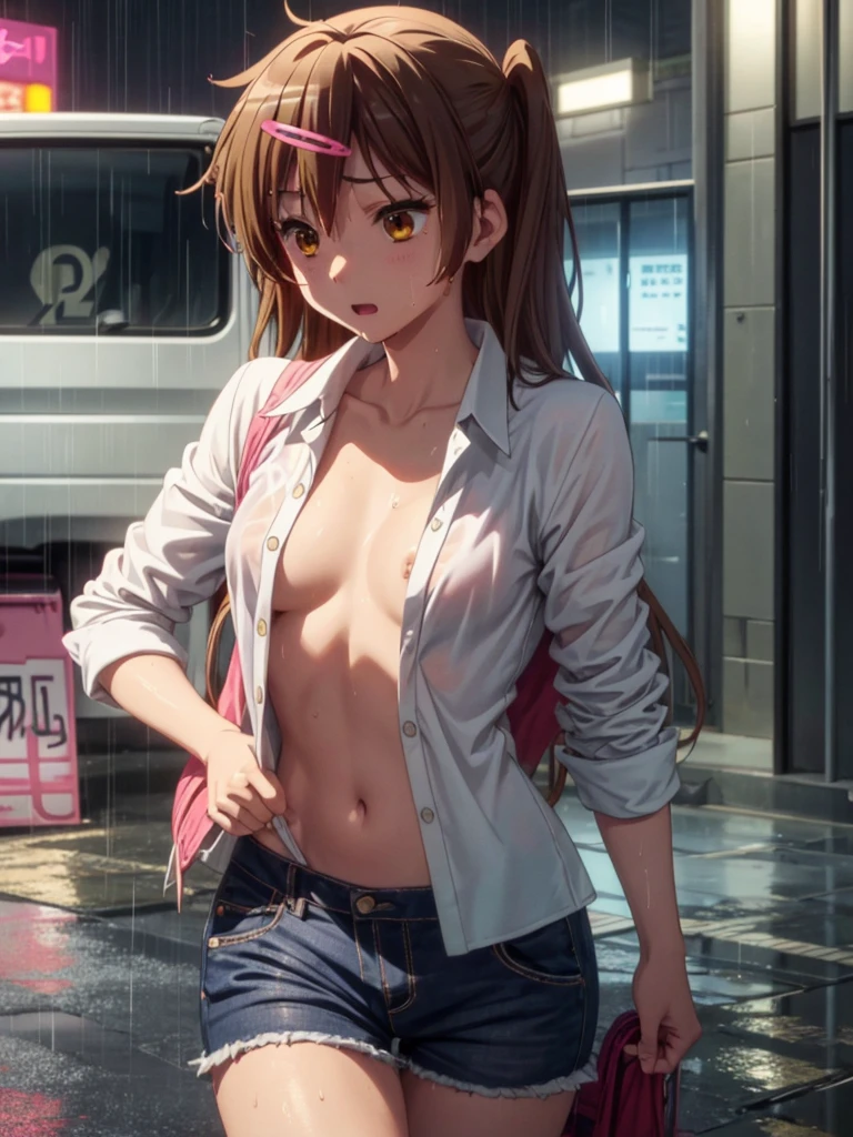 Girl, short blue jeans short, You can see her breasts, street background, openlegs, night, highway, night, Sneakers, Bare chest, small breast, slim body, You can see the thong, red Leather jacket for a ????? body