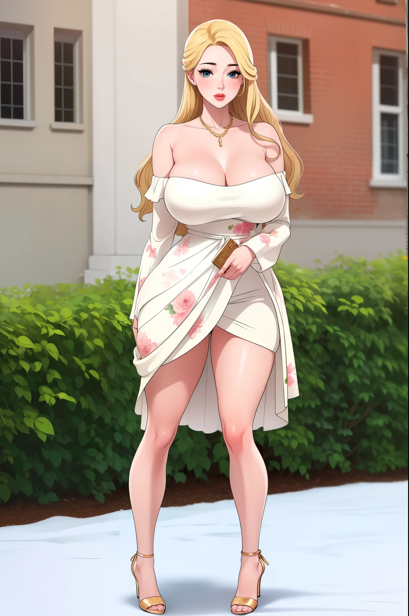 An extremely beautiful stunning woman with a perfect busty body, gold blonde long silky hair, big blue eyes, extremely super bright snow white fair stunning flawless glowing lush shiny flawless white skin, a perfect tight hourglass figure, and a skinny waist, sexy thick smooth luscious legs, and thighs, extremely cute smile on the face, bright pink blushes on cheeks, wearing a tight knee-length white floral dress, pink off-shoulder sweater, yellow heels, gold necklace on the neck, gold anklets on feet, gold chain on the waist, standing straight, holding a chocolate bar, garden in the background, show full body from head to feet.