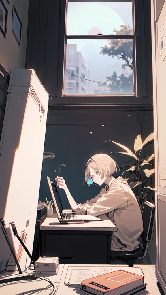 (masutepiece:1.5, Best Quality:1.5), ((Vaporwave Style, partially coloring)),In a cozy apartment, Girl studying diligently at desk alone,dim room,Stylish warm lighting, laptop, Coffee on the desk, desk lights on thedesk, I can see the moon from the window,Room decorated with plants