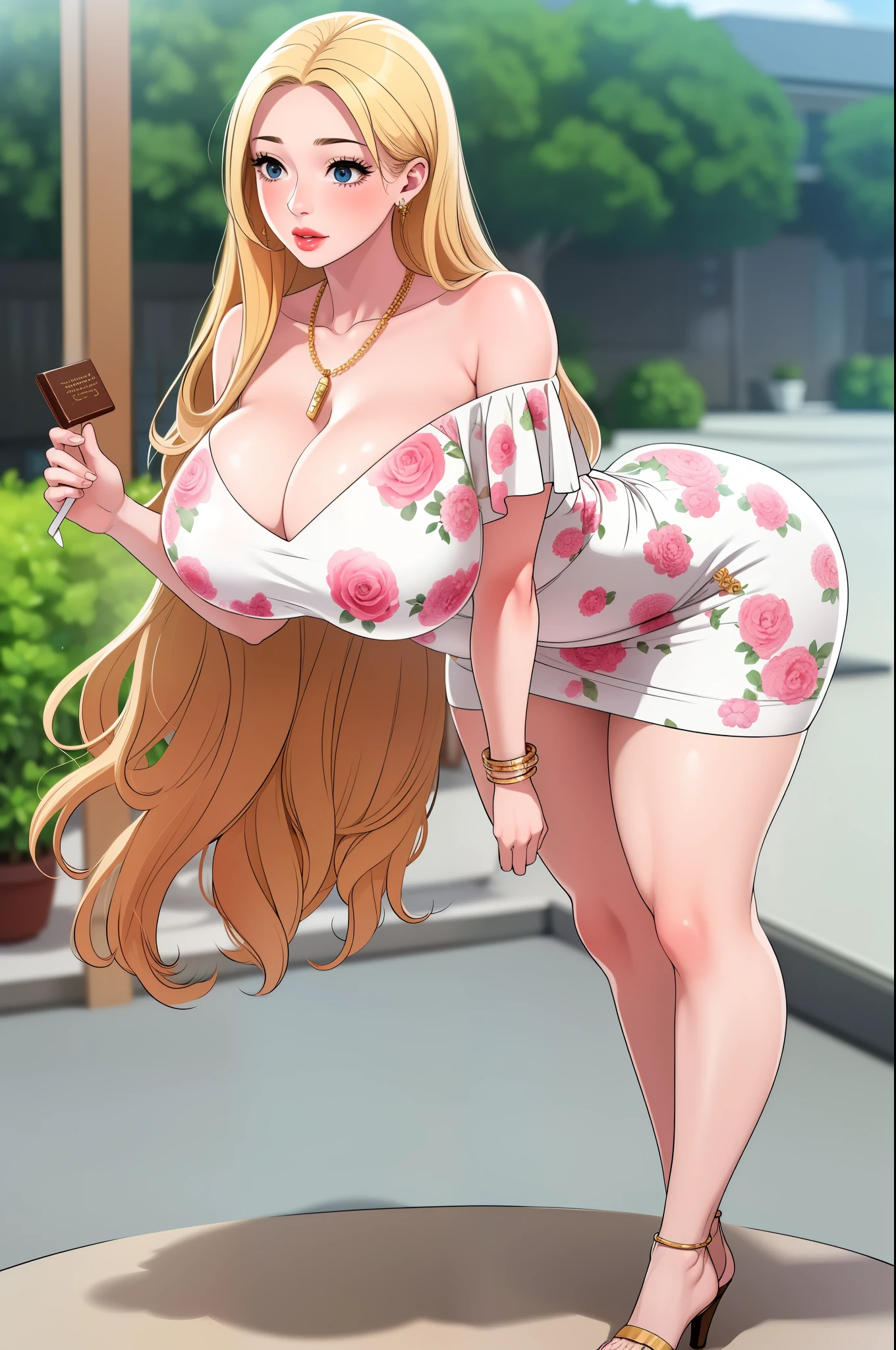 An extremely beautiful stunning woman with a perfect busty body, gold blonde long silky hair, big blue eyes, extremely super bright snow white fair stunning flawless glowing lush shiny flawless white skin, a perfect tight hourglass figure, and a skinny waist, sexy thick smooth luscious legs, and thighs, extremely cute smile on the face, bright pink blushes on cheeks, wearing a tight knee-length white floral dress, pink off-shoulder sweater, yellow heels, gold necklace on the neck, gold anklets on feet, gold chain on the waist, standing straight, holding a chocolate bar, garden in the background, show full body from head to feet.