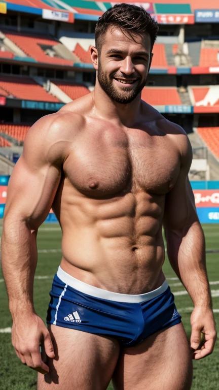 1 pale man rugby player ,whole body, toothless smile, rugby player , very naked , large virile member , pen , rugby sports team, black hair fades , captivating and seductive big eyes, beard European man 30 years old, (High shadow detail), wearing the Calvin Klein rugby brand uniform, muscular chest, long and strong legs, left neck look, neck tattoo, big mouth, wide shoulders, nice detailed hands, Rugby field bokeh background, bright and colorful colors.