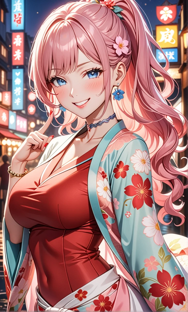 ultra-detailed, ((one girl)), in pastel colors girl, hyper detailed, absurdres, 8K, Beautiful Face, (Laugh shyly), ((teasing smile:1.8)), ((Wink:2.2)), (Laugh with your mouth wide open),(Tilt your head:1.3), ((put index finger on mouth:1.6)), View your viewers, ((Bright red cheeks:1.6)),Glossy Red Lips, ((:1.5)), (valley),night, Riverside,On Bridge, firework, (Brighten your face), ((Anime style background)),masterpiece, Highest quality, so beautiful,Latest, Complex details, (Pink long nails), (nail art), (ring),(bracelet), (Floral Choker),AI-generated, Complex,High resolution, Highest quality, super high quality,3D Images、3D Images,One person,Pastel pink long hair,(High Ponytail), (wavy hair:1.3), Pastel anime woman posing for a photo, ((Fine grain、blue eyes、glowing eyes:1.4)), (Squint your eyes:1.1),a hyperRealistic , hyperRealistic , Realistic,Anime woman with long pastel pink hair, Smooth anime CG art, A girl in a gorgeous pastel-colored kimono, ((Pastel-colored furisode)),(Pink large floral pattern) ,Long flower hair ornament,Floral Earrings,Mature Body,Abdominal muscles,Tight waist,((arched back:1.9)), (front view),
