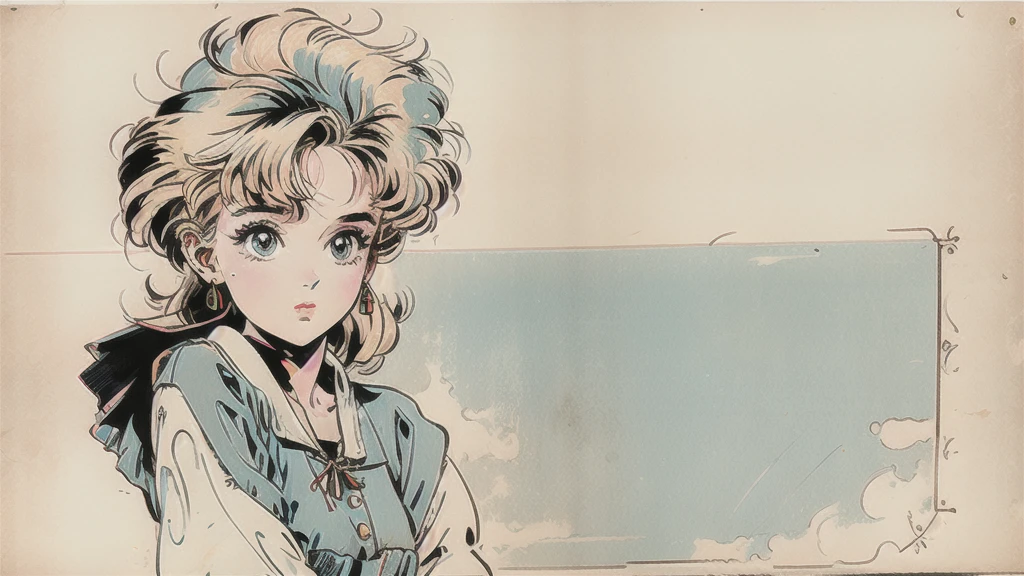 80s anime, 80s Vintage Animation, Desaturate, Increase contrast, The outline is rough, like a pencil drawing., Set the lines a little thicker, The person stands in the foreground of the image, Looking back at me, Slanted Eyes, Low nose, Blonde, ribbon, Alice in Wonderland-inspired girl, Lolita Fashion, Bob Hair, Thick-soled shoes, 