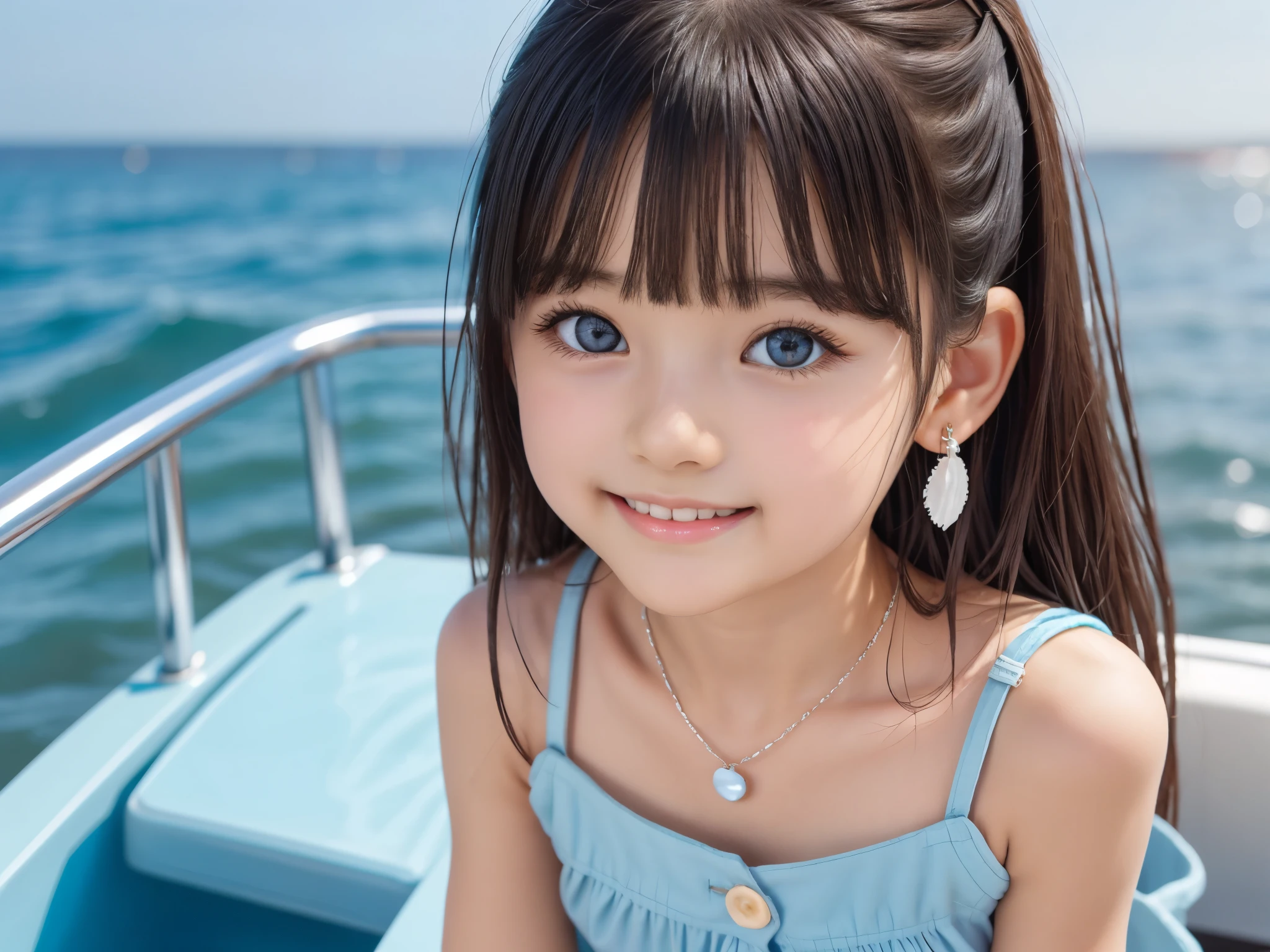 Small breasts、Earrings、necklace、Beautiful glowing white skin,、 bright, Refreshing and gentle look, Perfect beautiful pretty face, Shiny, straight, long hair down to the waist, Beautiful shiny bangs, （（Very beautiful and beautiful４Year old girl））, eyeliner, so perfect and beautiful, Big clear sky blue eyes, bright eye highlights、、Cute smile、Long eyelashes、Low waist、Low rise、Ocean、On the boat、Have a bold pose、Being at the edge of the waves、She is looking down from above、hot pants、