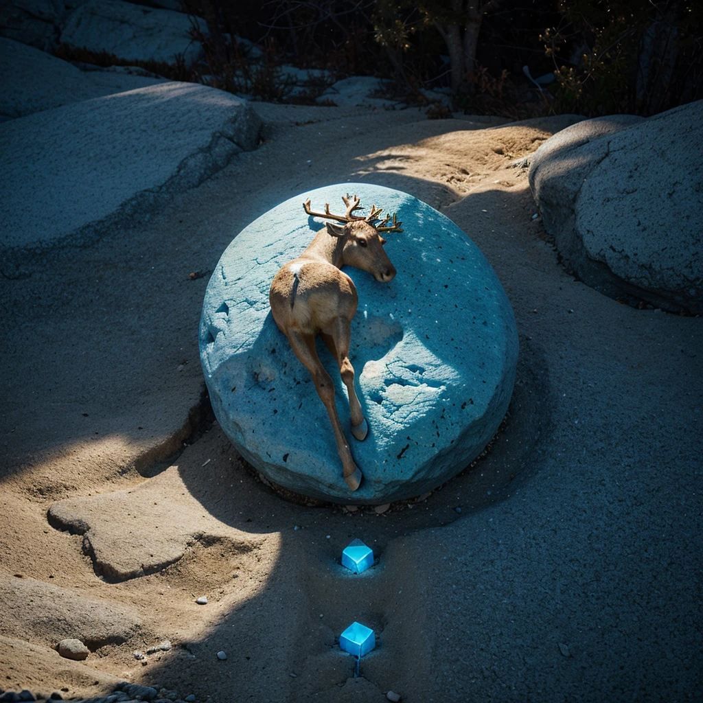 Minimalist full body reindeer logo carved into a light blue minimalist rock with golden ratio 
