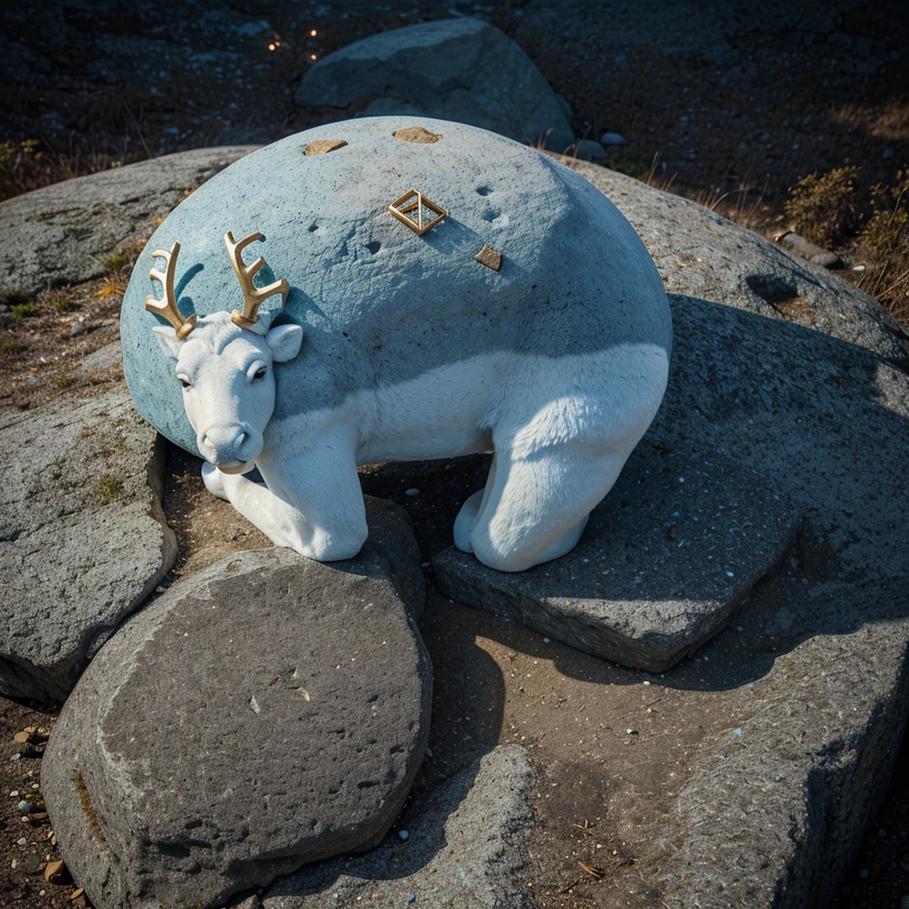Minimalist full body reindeer logo carved into a light blue minimalist rock with golden ratio