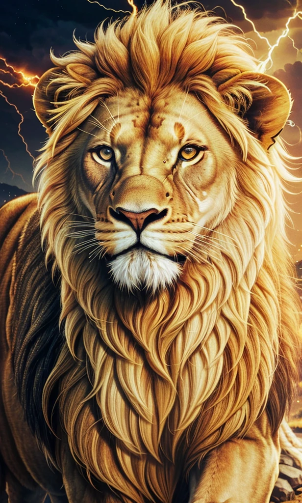 Lion, Divine Lion, naturals, thunder, Realistic Lion, rey, realistic detailed, Sunset light, sky, Sol noturno, realistic detailed 16K, Eletricidade Detalhada 8K, Darkness Background, Texturas realistas de 8K, Cores photorrealistic 8K, fire azul, realistic detailed Fire Bolt, sky Light Detailed, Power of thunder, Realistic Divine, gold color, Divine gold, Golden light, naturey, linda, Rendering, photorrealistic, UltraHigh definition, 4K, detailed textures, thunder, detailed shadows, detailed colors, neon blue, blue light, lightning strikes, blue power, naturey linda, Great Divine, peaceful face, naturalss, lightning strike, Electric Power Screw, detailed contrast, realistic contrast, high resolution, detailed colors, fire, villany, divine creature, 8K FullHD, realistic detailed, 16K, 8K, High definition, detailed contrast, realistic contrast, high resolution, detailed colors, fire, villany, divine creature, 8K Realistic Lion Face, realistic detailed, chic, elegance