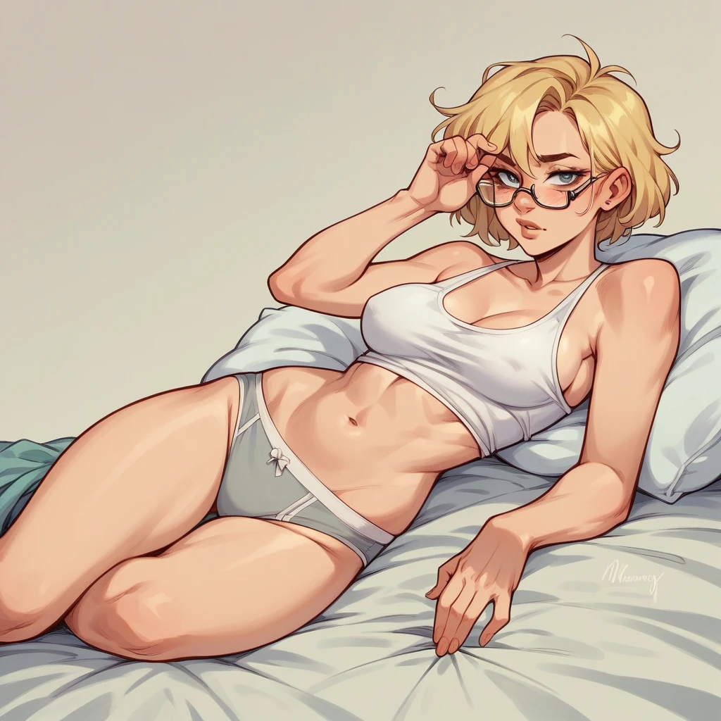 1womanl,breasts big,marked,on the  bed(alone),underwear,(blonde)short hair(Eyeglasses)barriga new,styled(sugar momy)L size,shameless,new.