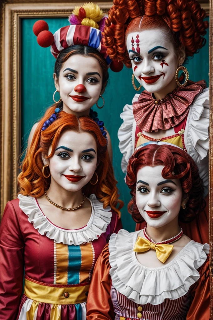 ((best quality)), ((masterpiece)), (detailed), ((NSFW)), 2 pretty blond sexy clown girls, ((Elle Fanning)), perfect eyes, ((clown make-up painted on their faces)), painted red noses, hats, ((big frilly clown ruffs around their necks)), ((totally nude full-length bodies)), ((no panties)), beautiful shiny oiled sweaty almost wet-looking skin, standing in a circus tent, ((vaginas on display)),