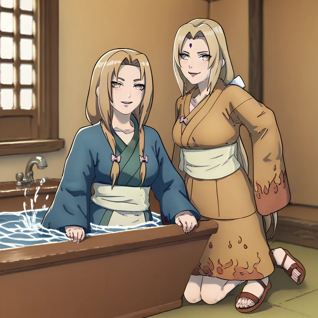 Fraction_9,Fraction_8_up,Fraction_7_up,Fraction_6_Direction_Japanese cartoons,2 girls,ADDBASE 1girl,Tsunade, Tsunade's blue jacket \(clothing\),brown eyesï¼upper body,Tsunade's sandals,additional fees ,
upper body,Hyuga Hanabi, upper body, indoors, Hyuga Hanabi's fire pattern kimono \(kimono\),（（In the room，Vision，full-body shot，In the bathroom，Sit in the bathtub，Water Splash，Medium chest，））