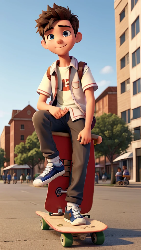 A student boy, in high school student clothes, he is sitting on his skateboard in the square,