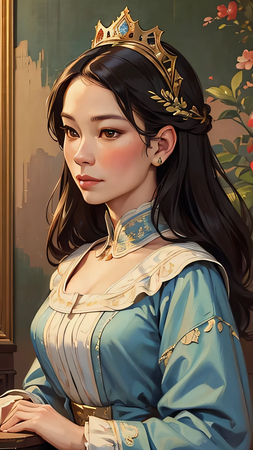 Portrait of Lucy Liu as 1890s duchess,  (((masterpiece))), ((high detail)), painting, art, color, royal, crown, royalty, beautiful, elegant, stylish, noble, high quality, oil painting ,fine detail, realistic, high quality eyes, aristocrat