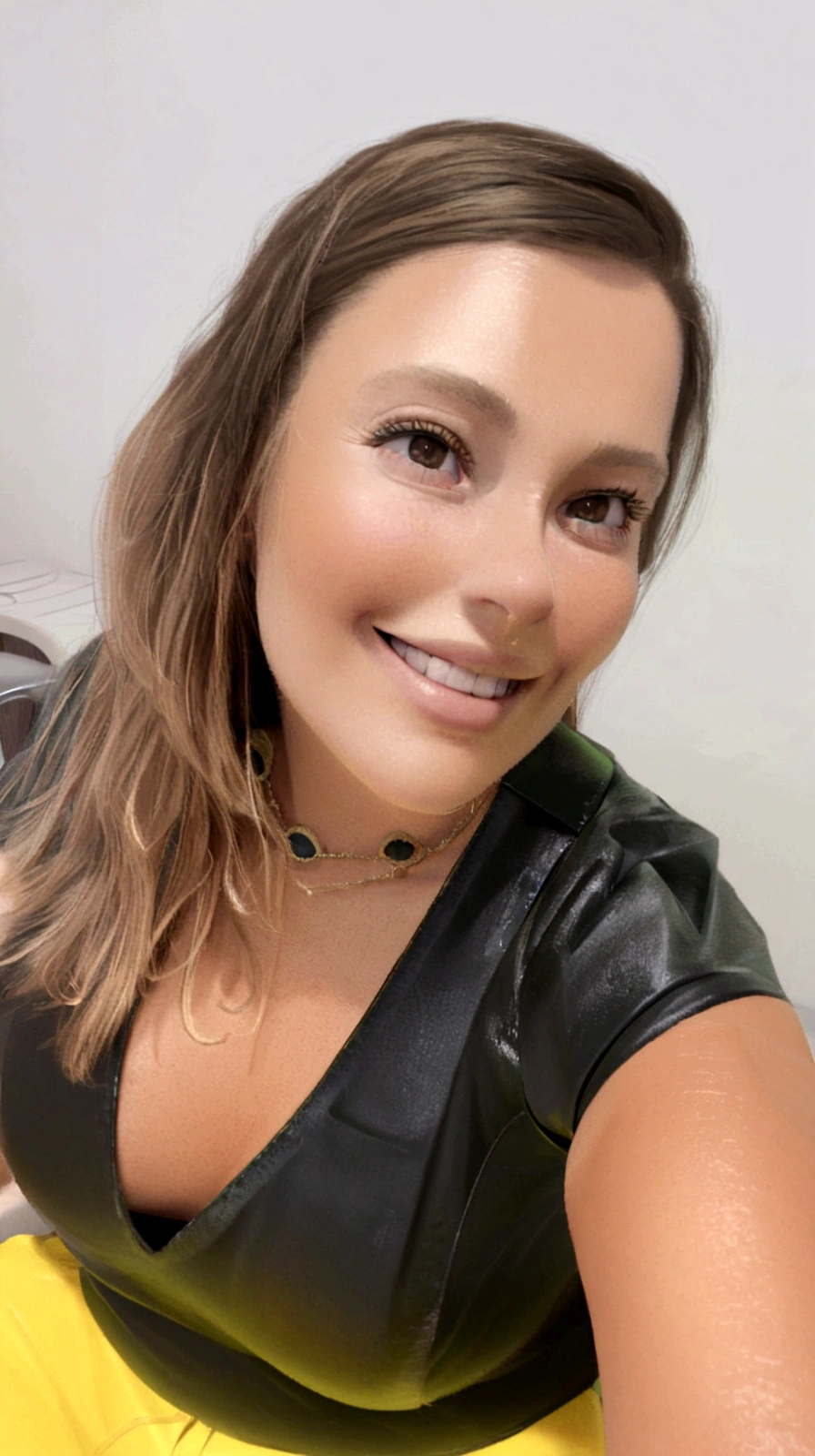 Create a Disney 3d Pixar-style character, Woman, white, long light brown hair, blouse with short sleeves black, lemon yellow pants, sitting in an armchair in an office, Grinning, doing selfie, left side of the face very close to the camera